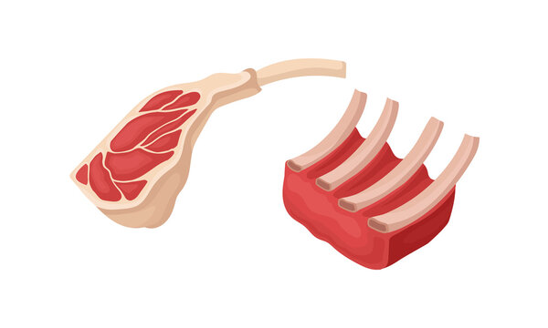Beef Rib as Raw Meat Product for Cooking and Eating Vector Set