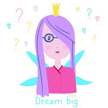 Cute little fairy princess in flat style. Cartoon gentle girl character with colorful hair, crown and wings. Big dreams. Isolated on a white. Hand drawn vector illustration for cards stickers posters.