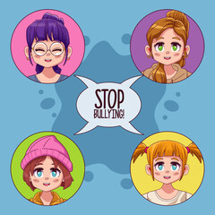 young teenagers girls with stop bullying lettering in speech bubble