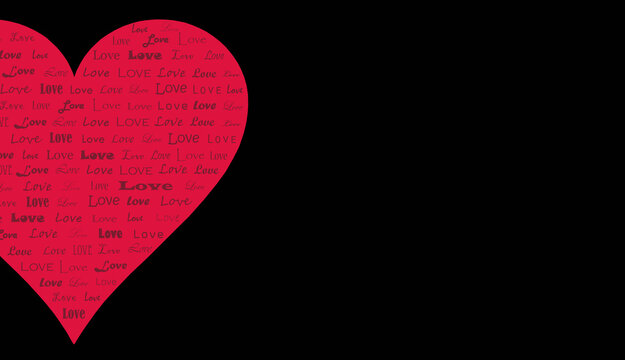 Fototapeta Drawing of a large red heart with different inscriptions love on a black background space for the inscription.