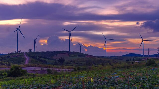Time lapse 4k. Wind turbine generator electric renewable kao kho farm, Phetchabun province, Thailand.