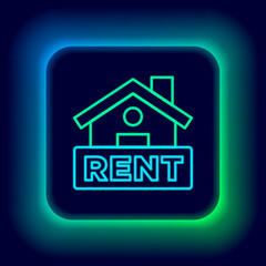 Glowing neon line Hanging sign with text Rent icon isolated on black background. Signboard with text For Rent. Colorful outline concept. Vector.