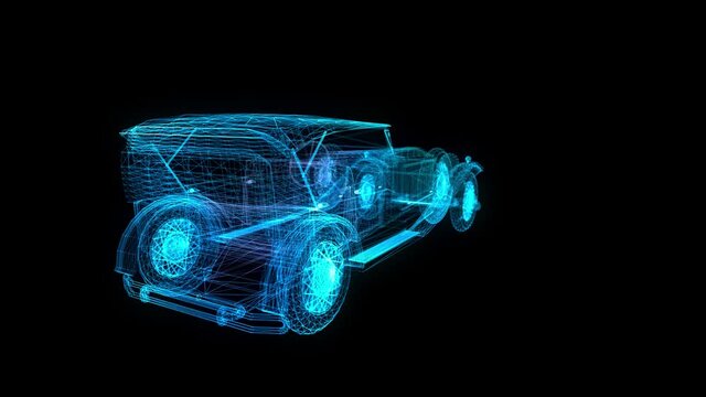 Classic car. Model retro car in motion, lines and points connected to form. Digital technology visualization of 3d.