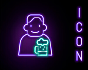 Glowing neon line Happy man with beer icon isolated on black background. Colorful outline concept. Vector.