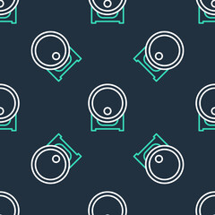 Line Wooden barrel on rack with stopcock icon isolated seamless pattern on black background. Vector.