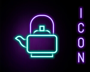 Obraz premium Glowing neon line Kettle with handle icon isolated on black background. Teapot icon. Colorful outline concept. Vector.