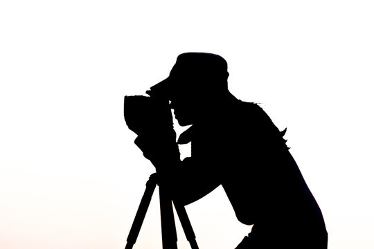 Female Photographer, Young Reporter, Silhouette Of Female Photographer During Sunset, Isolated White Background