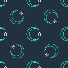 Line Star and crescent - symbol of Islam icon isolated seamless pattern on black background. Religion symbol. Vector.