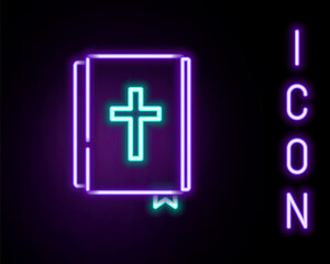 Glowing neon line Holy bible book icon isolated on black background. Colorful outline concept. Vector.