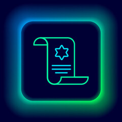 Glowing neon line Torah scroll icon isolated on black background. Jewish Torah in expanded form. Star of David symbol. Old parchment scroll. Colorful outline concept. Vector.