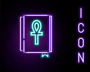 Obraz premium Glowing neon line Cross ankh book icon isolated on black background. Colorful outline concept. Vector.