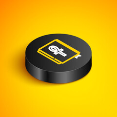 Isometric line Cross ankh book icon isolated on yellow background. Black circle button. Vector.