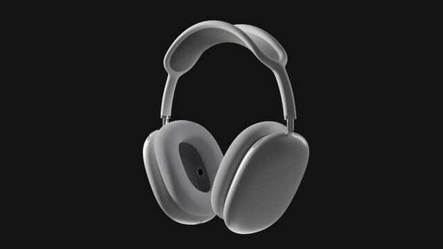 Apple AirPods MAX silver headphones. Realistic 3d Rendering. Looped. Black background
