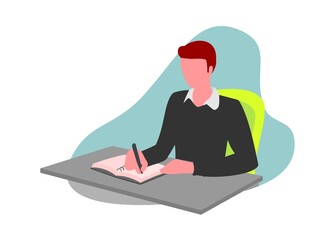 A boy writing on a book. Simple flat illustration