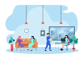 Dental Office Flat Color Illustration. Hospital interior with Workplace, Equipment, Instruments, Consultation, Treatment and Diagnosis