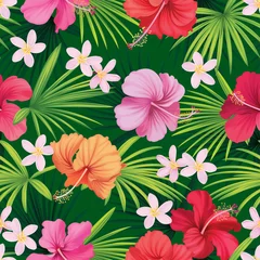 Fotobehang Seamless tropical hibiscus flowers and leaves background. Vector set of blooming floral for holiday invitations, greeting card and fashion design. © mamsizz