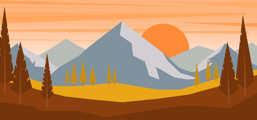 Cartoon mountain landscape in flat style. Design element for poster, card, banner, flyer. Vector illustration