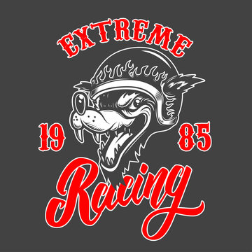 Extreme Racing. Emblem template with cartoon racer wolf. Design element for logo, label, sign, emblem, poster. Vector illustration