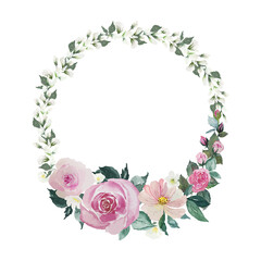 Flower roses and green leaves wreath, watercolor painting artwork
