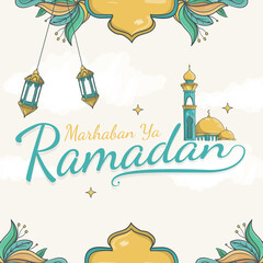 Fototapeta premium hand drawn marhaban ya ramadan lettering