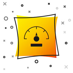 Black Speedometer icon isolated on white background. Yellow square button. Vector.