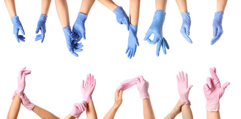 Gesturing hands in protective medical gloves on white background