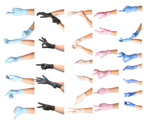 Gesturing hands in protective medical gloves on white background