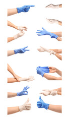 Gesturing hands in protective medical gloves on white background