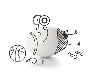 Funny chicken egg doing exercises on white background