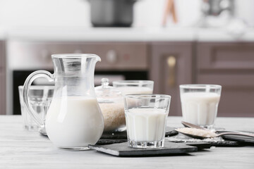 Healthy rice milk on table