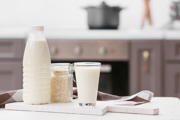 Healthy rice milk on table
