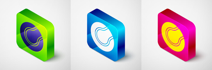 Isometric Tennis ball icon isolated on grey background. Sport equipment. Square button. Vector.