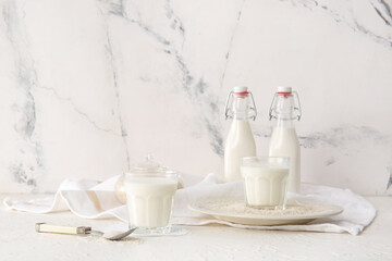 Fototapeta na wymiar Healthy rice milk on white background