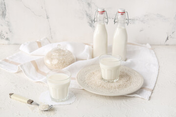 Healthy rice milk on white background