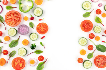 Fresh vegetables background with a place for text, a flat lay on white, vibrant food pattern, top shot
