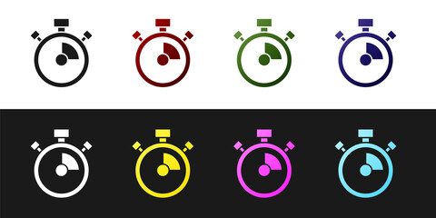 Set Stopwatch icon isolated on black and white background. Time timer sign. Chronometer sign. Vector.