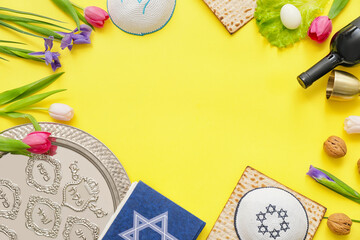 Festive composition for Passover celebration on color background