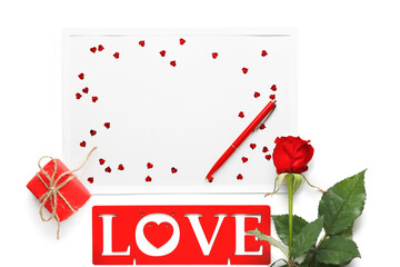 Festive composition with empty card for Valentines Day celebration on white background