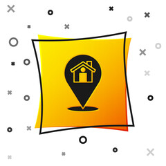 Black Map pointer with house icon isolated on white background. Home location marker symbol. Yellow square button. Vector.