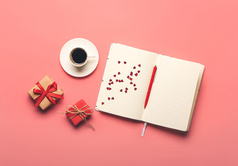 Gifts with notebook and cup of coffee on color background