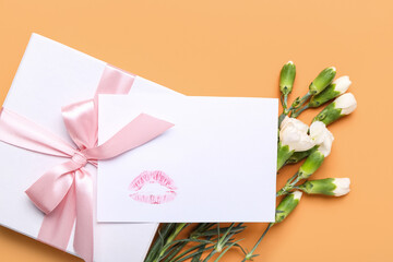 Beautiful gift with empty card on color background