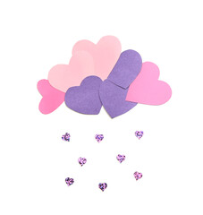 Cloud with rain drops made of paper hearts on white background
