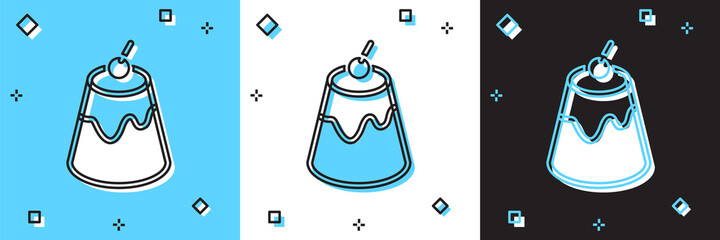 Set Pudding custard with caramel glaze icon isolated on blue and white, black background. Vector.