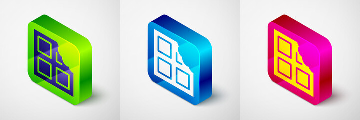 Isometric Chocolate bar icon isolated on grey background. Square button. Vector.