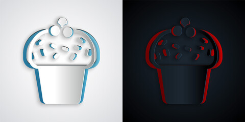 Paper cut Cake icon isolated on grey and black background. Happy Birthday. Paper art style. Vector.