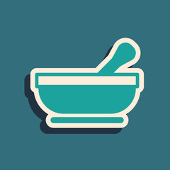 Green Mortar and pestle icon isolated on green background. Long shadow style. Vector.