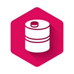 White Metal beer keg icon isolated with long shadow background. Pink hexagon button. Vector.