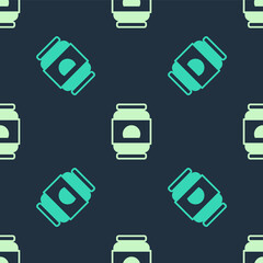 Green and beige Beer can icon isolated seamless pattern on blue background. Vector.