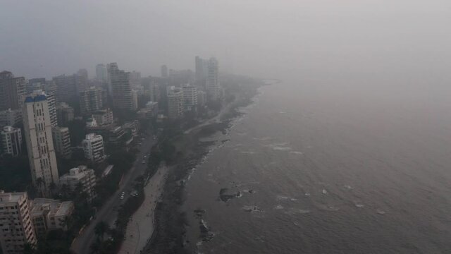 Drone shot along BJ road towards bandstand and Mumbai sealink on hazy day