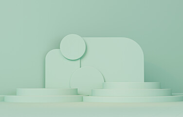 Minimal stage with podium and abstract background. Pastel blue and white colors. Trendy 3d rendering for social media banners, promotion, cosmetics trade show. Interior geometric shapes.

